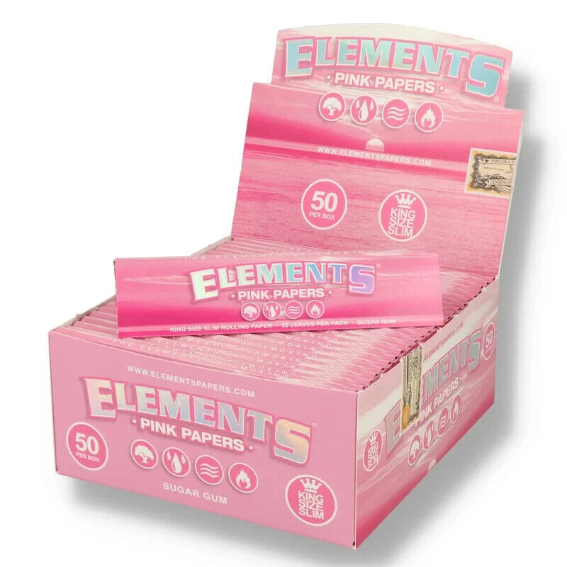 FULL BOX 50 PACKS of "ELEMENTS PINK" KING SIZE SLIM ROLLING PAPERS