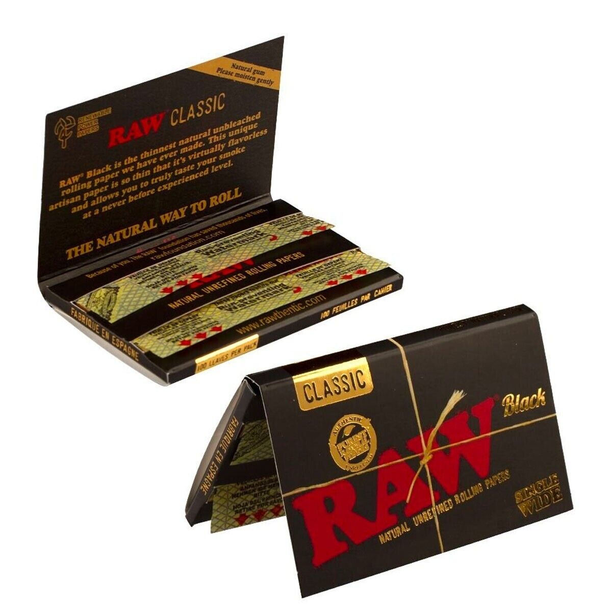25 x RAW CLASSIC BLACK SINGLE WIDE ROLLING PAPERS FULL BOX AUTHENTIC