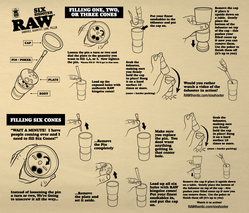 RAW SIX SHOOTER FOR KING SIZE CONES, CONE LOADER FILLING DEVICE UP TO 6 CONES
