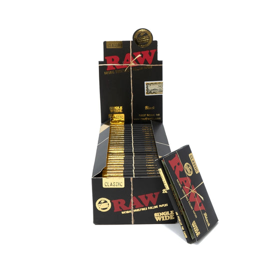 25 x RAW CLASSIC BLACK SINGLE WIDE ROLLING PAPERS FULL BOX AUTHENTIC