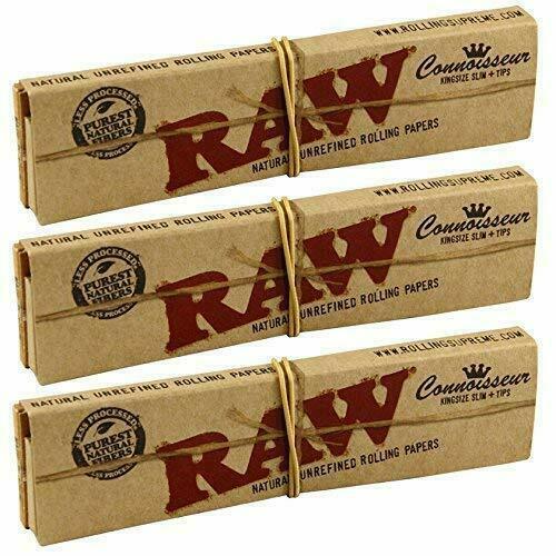 24 X RAW CONNOISSEUR KINGSIZE + TIPS NATURAL ROLLING UNREFINED PAPERS