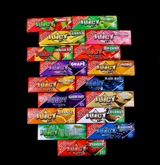 24 PACK JUICY JAY'S ROLLING PAPERS 1 1/4 SIZE , 32 LEAVES/PACK, ASSORTED FLAVORS