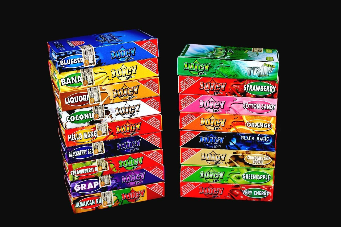 24 PACK JUICY JAY'S ROLLING PAPERS 1 1/4 SIZE , 32 LEAVES/PACK, ASSORTED FLAVORS