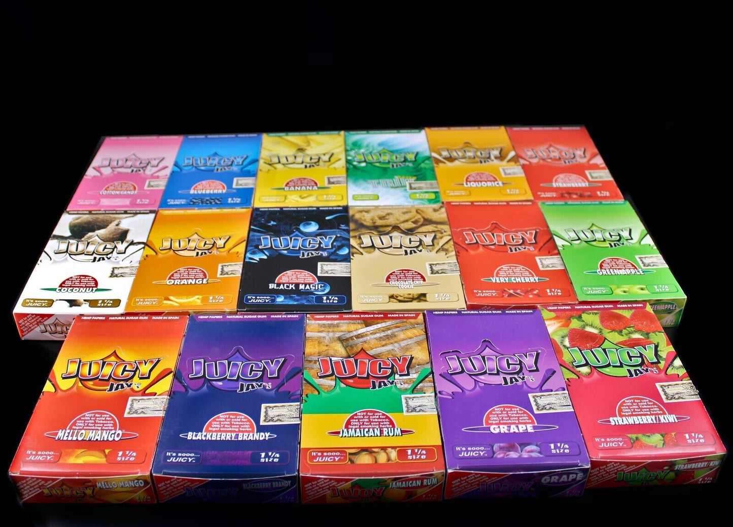 24 PACK JUICY JAY'S ROLLING PAPERS 1 1/4 SIZE , 32 LEAVES/PACK, ASSORTED FLAVORS