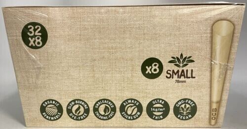 OCB Organic Hemp Unbleached Rolling Paper Cones Small 78MM Size - Pack of 8  - Display of 32 Packs, Rolling Papers